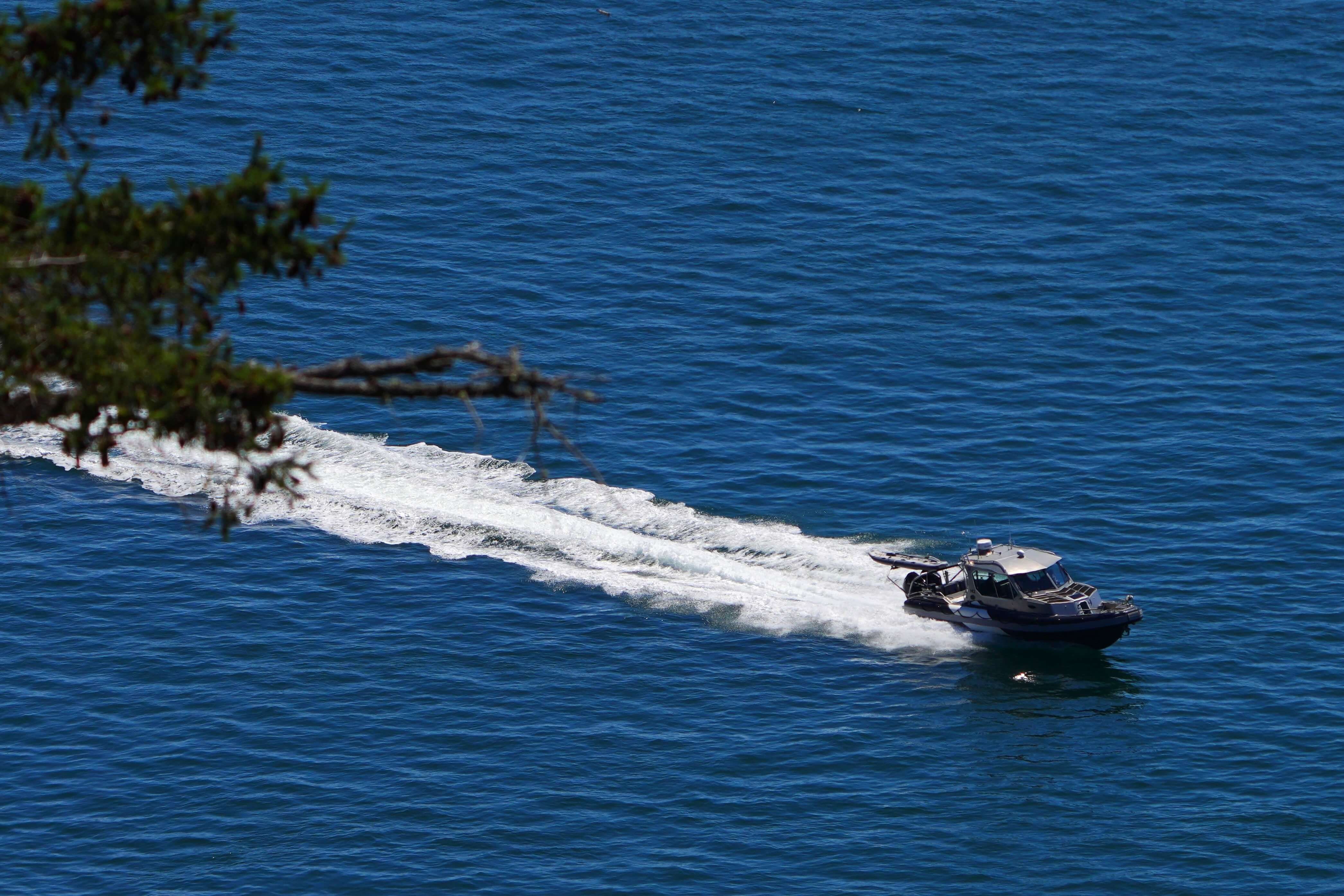 A recreational vessel transits through the Pender Vessel Restricted Zone. Photo by Janine McNeilly